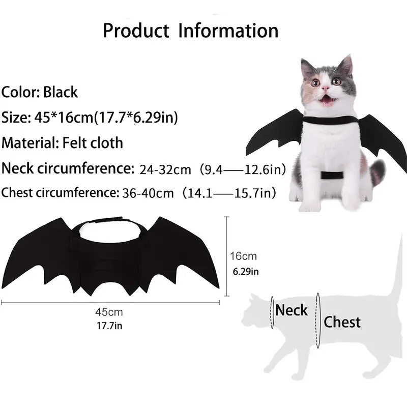 Bat Cat Wings Costume, Small, Black Felt, for Dogs & Cats, Halloween Pet Apparel Bat Wings, Straps for Easy Fit - Pet Supermarket